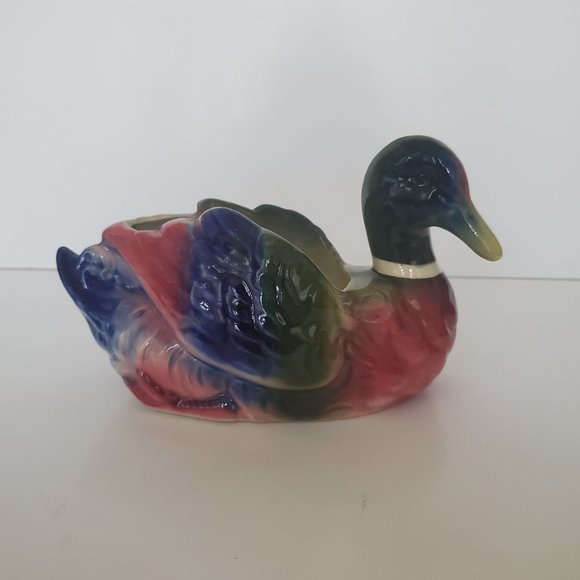 MCM Vintage Mallard Duck Planter Ceramic Glossy Cobalt Blue Lakeside Cottagecore - Picture 2 of 9